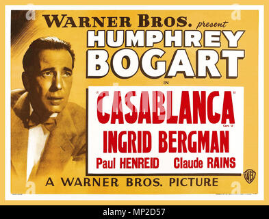 1940's Vintage Film Movie Poster Casablanca a 1942 American romantic drama film directed by Michael Curtiz. The film stars Humphrey Bogart, Ingrid Bergman, and Paul Henreid; it also features Claude Rains, Conrad Veidt, Sydney Greenstreet, Peter Lorre, and Dooley Wilson. Set during  World War II, it focuses on an American expatriate who must choose between his love for a woman and helping her and her husband, a Czech Resistance leader, escape from the Vichy-controlled city of Casablanca to continue his fight against the Nazis Stock Photo
