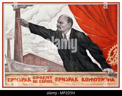 LENIN Vintage 1900’s Propaganda Poster Russian Soviet revolution Vladimir Lenin known for his oration and performance skills. Smokestacks chimneys representing an industrialized future, and a red banner are common motifs in Soviet propaganda. (Valentin Shcherbakov, “A Spectre Is Haunting Europe, the Spectre of Communism”) 1924 Stock Photo