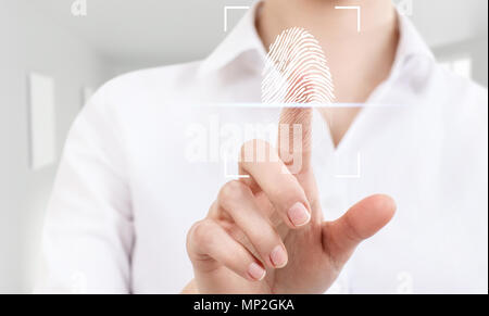 Woman pressing on virtual button with dactyloscopy scanner. Stock Photo