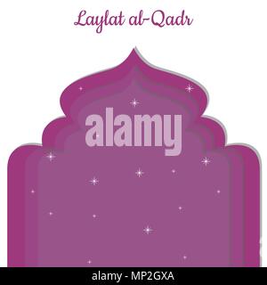 Laylat al-Qadr. Concept of the Islamic religion holiday. Symbolic silhouette of the mosque. Crimson shades of color. White background. Paper style Stock Vector