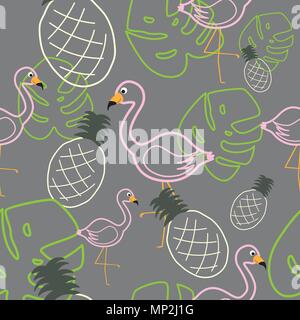 Tropical leafs and fruit with flamingo birds seamless pattern background for textile design. Stock Vector
