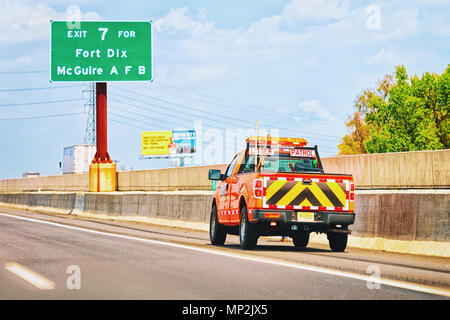 Bordentown, USA - May 5, 2015: Car on Road in NJ Turnpike, New Jersey, America. Focus in motion Stock Photo