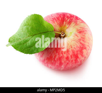 Isolated apple. One red apple fruit with a leaf, view from above, isolated on white background with clipping path Stock Photo