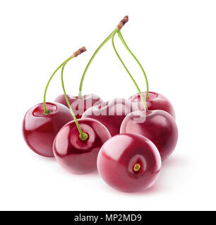 Isolated cherries. Pile of sweet cherry fruits with curved stems isolated on white background with clipping path Stock Photo
