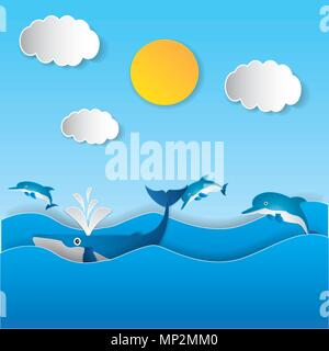 Summer background with fish jumping out from water. Stock Vector