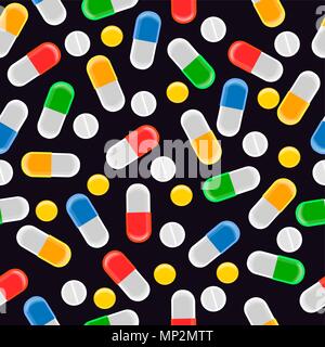 Vector pills and capsules in different colors, shapes and sizes, isolated elements. Seamless background, pattern. Seamless pattern of pills and vitamins Stock Vector