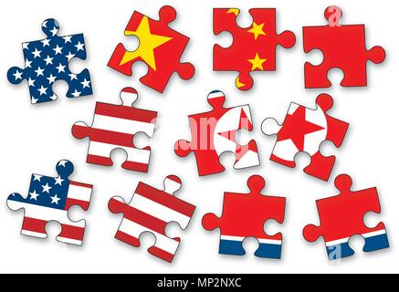 USA, China and North Korea as jig saw puzzle pieces with flags of the United States of America, China and North Korea isolated on white background. Stock Vector