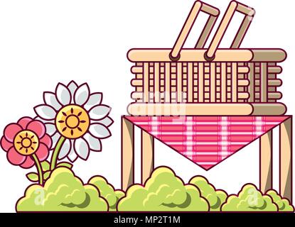 table with picnic basket and decorative flowers over white background, vector illustration Stock Vector