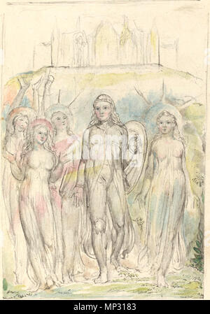 William Blake (British, 1757 - 1827 ), Christian with the Shield of Faith, Taking Leave of His Companions, 1824-1827, graphite, pen and ink, and watercolor, Rosenwald Collection    . English: William Blake, 1757 - 1827 Christian with the Shield of Faith, Taking Leave of His 1824-1827 Mediumgraphite, pen and ink, and watercolour Drawing overall: 24.6 x 18.9 cm (9 11/16 x 7 7/16 in.) Rosenwald CollectionAccession No.1961.17.8 Rapid CaptureImage Open Access . 12 November 2009, 09:56:03.   William Blake  (1757–1827)       Alternative names W. Blake; Uil'iam Bleik  Description British painter, poet Stock Photo