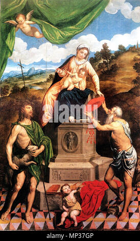 .  Italiano: Paris Bordone - Madonna in trono con bambino, San Giovanni Battista e San Girolamo anno: 1559 - 1560 olio su tela - 282 x 172 cm Museo Civico, Treviso . 1 September 2010, 18:37:33.   960 Paris Bordone - Madonna in trono con bambino, San Giovanni Battista e San Girolamo - Museo Civico, Treviso Stock Photo