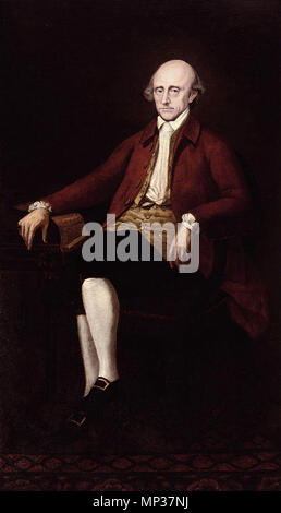 . English: Portrait of Warren Hastings (1732-1818), governor-general of Bengal, full-length, seated at a table, in a red coat and flower-patterned waistcoat . circa 1785. Arthur William Devis (attribution) 1022 Portrait of Warren Hastings (1732-1818), governor-general of Bengal Stock Photo