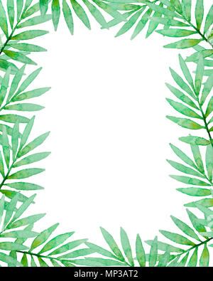 Floral frame with green watercolor palm branch. Hand drawn tropical background Stock Photo