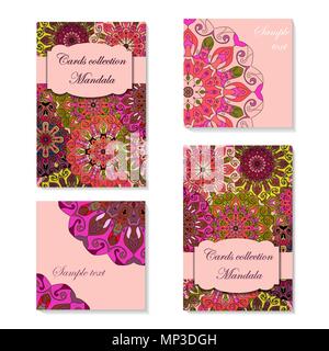 Card design with mandala pattern. Abstract vector template. Indian, arabic, orient motifs in green, pink and lilac colors. Easy edit and use Stock Vector