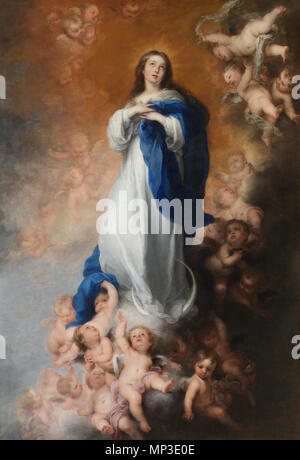 Immaculate of Soult .  Español: En la mayoría de las Inmaculadas de Bartolomé Esteban Murillo, de las que llegó a pintar unas veinticuatro, la Virgen María aparece vestida con una túnica blanca y un manto de color azul, con sus manos cruzadas sobre el pecho, y al mismo tiempo con una luna creciente a sus pies y con la vista puesta en el Cielo. Esta obra le fue encargada a Murillo por Justino de Neve (1625-1685), que era un canónigo de la catedral de Sevilla, con destino al Hospital de los Venerables de la ciudad de Sevilla, ya que en España se había extendido extraordinariamente desde el siglo Stock Photo