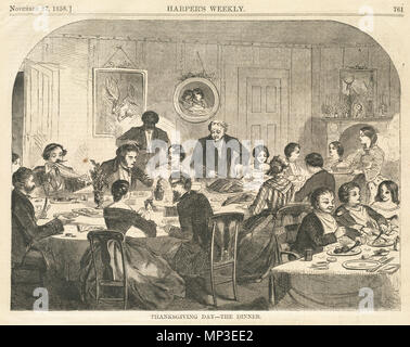 . English:   File name: 10 09 000015 Title: Thanksgiving Day -- The dinner Creator/Contributor: Homer, Winslow, 1836-1910 (artist) Date issued: 1858-11-27 Physical description: 1 print : wood engraving Genre: Wood engravings; Periodical illustrations Notes: Published in: Harper's Weekly, Volume II, 27 November 1858, p. 761. Collection: Winslow Homer Collection Location: Boston Public Library, Print Department Rights: No known restrictions Flickr data on 2011-08-11: Camera: Sinar AG Sinarback 54 FW, Sinar m Tags: Winslow Homer User: Boston Public Library BPL  . 23 March 2011, 08:42:19. BPL 1167 Stock Photo