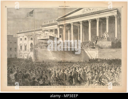 . English:   File name: 10 09 000041 Title: The Inauguration of Abraham Lincoln as President of the United States, at the Capitol, Washington, March 4, 1861 Creator/Contributor: Homer, Winslow, 1836-1910 (artist) Date issued: 1861-03-16 Physical description: 1 print : wood engraving Genre: Wood engravings; Periodical illustrations Notes: Published in: Harper's Weekly, Volume V, 16 March 1861, pp. 168-169.; From a drawing made on the spot. Collection: Winslow Homer Collection Location: Boston Public Library, Print Department Rights: No known restrictions Flickr data on 2011-08-11: Camera: Sinar Stock Photo