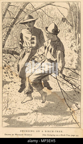 . English:   File name: 10 09 000148 Title: Swinging in a birch tree Creator/Contributor: Homer, Winslow, 1836-1910 (artist) Date issued: 1867-06 Physical description: 1 print : wood engraving Genre: Wood engravings; Periodical illustrations Notes: Published in: Our Young Folks: An Illustrated Magazine For Boys and Girls, Volume III, June 1867, p. 321.; Drawn by Winslow Homer.; Signed lower right: H W. Collection: Winslow Homer Collection Location: Boston Public Library, Print Department Rights: No known restrictions Flickr data on 2011-08-11: Camera: Epson Exp10000XL10000 Tags: Winslow Homer  Stock Photo