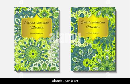 Greeting card design with mandala pattern. Abstract vector template. Indian, arabic, orient motifs in green and blue colors. Easy edit and use Stock Vector