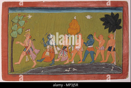 . English: Series Title: Rama's Journey Suite Name: Ramayana Creation Date: ca. 1705 Display Dimensions: 8 5/8 in. x 13 27/32 in. (21.9 cm x 35.2 cm) Credit Line: Edwin Binney 3rd Collection Accession Number: 1990.1106 Collection: <a href='http://www.sdmart.org/art/our-collection/asian-art' rel='nofollow'>The San Diego Museum of Art</a> . 6 September 2011, 14:08:13. English: thesandiegomuseumofartcollection 1150 Sugriva leads Rama and Lakshman to Kishkindha, the capital of Bali (6124520455) Stock Photo