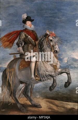 Equestrian Portrait of Philip III .  Español: Retrato ecuestre del rey Felipe III de España (1578-1621), que fue hijo del rey Felipe II de España y de la reina Ana de Austria. . circa 1635.   1227 Velazquez-felipeIII Stock Photo