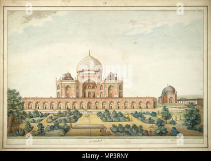 .  English: Mausoleum of Humayun, Delhi, in 1820. Water colour in Agra style by a Delhi artist.Inscribed on the front in English: 'Tomb of Hoomauyoon Bad Shah';' Tomb of Koaka'; in Persian characters: Maqbarah i Kokah - Maqbarah i Humayun badshah i ghazi (Tomb of Kokah - tomb of the Emperor Humayun). Watercolour. Though the identity of the person remains unknown, and it might be (incorrectly) referring to another near by monument in the Chausath Khamba complex, the tomb Ataga Khan, the foster brother of Humayun, which lies in Nizamuddin West area and not to the east of the Humayun's tomb. . 18 Stock Photo