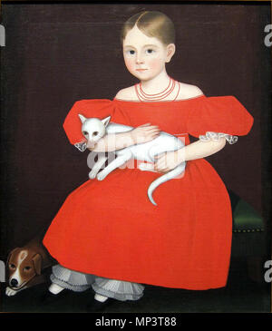 .  Français : Girl in red dress with cat and dog au Met de New York. . 1834-36.    Ammi Phillips  (1788–1865)    Alternative names Ammi Philips  Description British painter  Date of birth/death 24 April 1788 11 July 1865  Authority control  : Q2843640 VIAF: 68083633 ULAN: 500027079 LCCN: n90616082 RKD: 63187 WorldCat 936 NY Met Phillips girl red dress Stock Photo