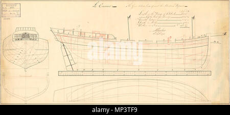 . Français : Plan du lougre français le Coureur dressé en Angleterre après sa capture en 1778. Plan au 1/48ème. English: A plan showing the body plan with stern board and decoration and name on stern counter, sheer lines with inboard detail modifications proposed in green ink, longitudinal half-breadth, and midship section showing the clinker framing, for Coureur (1778), a captured French lugger, as modified to an 8-gun Schooner. 18 September 1778. John Henslow 1009 Plan du Lougre le Coureur en 1778 Stock Photo