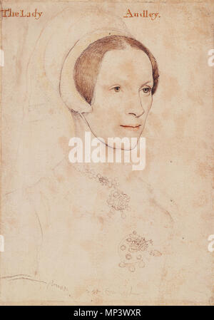 . English: Portrait of Lady Audley. Coloured chalks, silverpoint, pen and ink on pink-primed paper, 29.2 × 20.7 cm, Royal Collection, Windsor Castle. The drawing is inscribed, by a later hand than Holbein's, 'The Lady Audley'. There were two ladies called Elizabeth, Lady Audley. One was the daughter of Sir Brian Tuke, whom Holbein also painted; but she did not become Lady Audley until 1557. The more likely sitter is Elizabeth Grey (d. 1564), who married Lord Audley of Walden in 1538. This study was used for Holbein's miniature portrait of the same sitter, probably scaled down with compasses (S Stock Photo