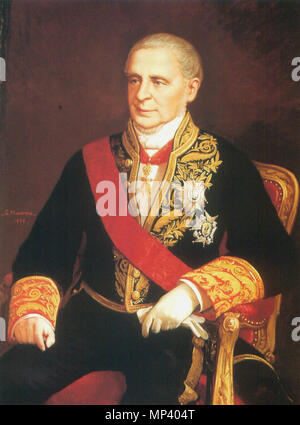 Manuel Pando Fernández de Pinedo .  Español: Retrato del aristócrata, político e historiador español Manuel Pando Fernández de Pinedo (1792-1872), marqués de Miraflores y de Pontejos, conde de Villapaterna y de la Ventosa, señor de Villargarcía del Pinar y de Miraflores, caballero de la Orden del Toisón de Oro, caballero gran cruz de la Orden de Carlos III y caballero de la Legión de Honor francesa y de la Orden de Cristo portuguesa. Y también fue presidente del Consejo de Ministros de España en dos ocasiones durante el reinado de Isabel II de España y también ministro de la Gobernación y de E Stock Photo