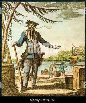 Blackbeard . see File:Edward Teach Commonly Call'd Black Beard (bw).jpg . 1736 (1726?).   1163 Teach alias Blackbeard, colored