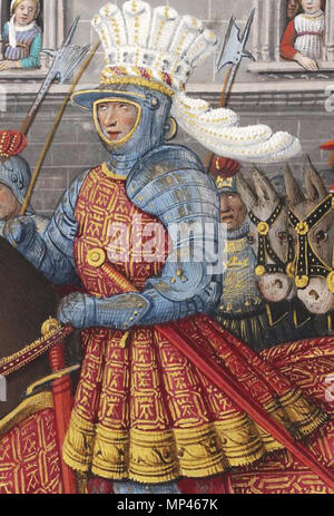 . Louis XII(27 June 1462 – 1 January 1515), King of France(1498 – 1 January 1515), entering Genoa in 1507. Miniature. circa 1508.   Jean Bourdichon  (1457–1521)    Alternative names Jehan Bourdichon; Bourdichon  Description French painter and manuscript illuminator  Date of birth/death 1457 1521  Location of birth/death Tours Tours  Authority control  : Q348333 VIAF: 136965557 ISNI: 0000 0001 1821 7441 ULAN: 500004391 LCCN: n86016233 NLA: 35683971 WorldCat 817 LoiusXII Genoa Stock Photo