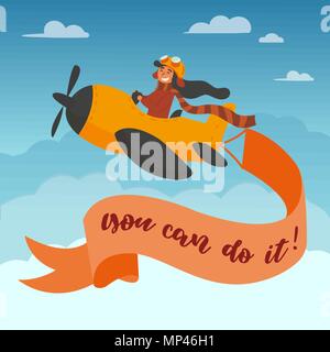 Cute boy pilot flies on a yellow plane in the sky. Air adventure. Isolated cartoon vector illustration Stock Vector