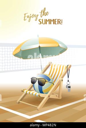 Enjoy the Summer! Sports card. Volleyball ball with sunglasses, beach umbrella, deck chair, and whistle on the volleyball court. Vector illustration. Stock Vector