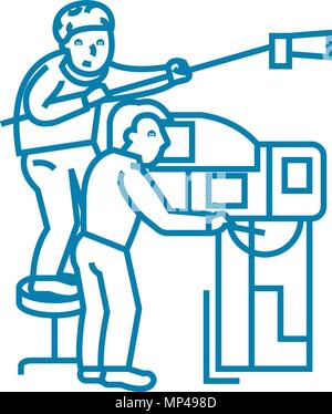 Work on tv linear icon concept. Work on tv line vector sign, symbol, illustration. Stock Vector