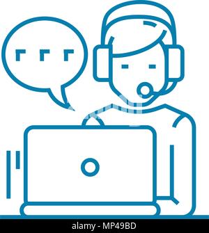 Working in the call center linear icon concept. Working in the call center line vector sign, symbol, illustration. Stock Vector