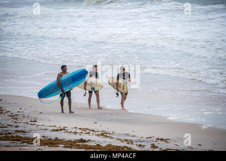 Three surfers on the beach at Mickler Beach in Ponte Vedra Beach, Florida. (USA) Stock Photo