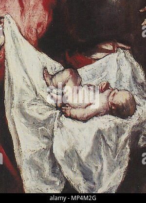 Nativity (detail).  Español: La obra representa el nacimiento del Niño Jesús, que se halla junto a sus padres, la Virgen María, y San José. Procede de una Adoración de Pastores que El Greco había realizado para el Colegio de Doña María de Aragón, en este caso la escena se simplifica a un Nacimiento sin la presencia de los pastores. El Greco pinta una escena tenebrosa sólo interrumpida por la luz que emana de la figura del Niño Jesús. De esta manera, el pintor intenta representar que en el momento de la alumbramiento de Jesucristo es cuando el Mundo conoce la Luz Divina, y presenta al Niño como Stock Photo