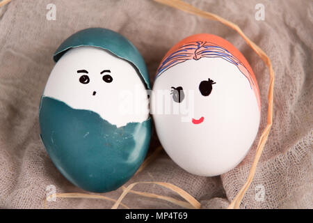 Happy easter, cute boy and girl organic easter eggs, easter holiday decorations, easter concept backgrounds Stock Photo