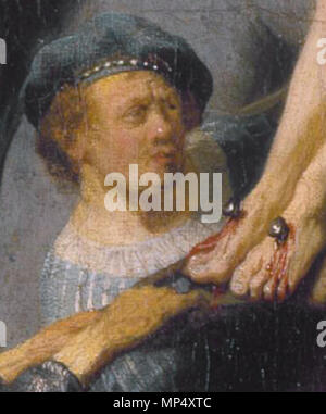 The Raising of the Cross  *oil on canvas  *95.7 x 72.2 cm  *ca. 1633 The Raising of the Cross, by Rembrandt 1040 Raising of the Cross, by Rembrandt van Rijn (cropped for self-portrait) Stock Photo