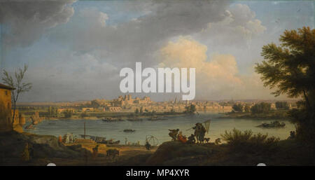 View of Avignon from the Right Bank of the Rhone near the Tour Philippe-le-Bel .  English: View of Avignon from the right bank of the Rhone near the Tour Philippe-le-Bel. The ruins of the Pont Saint-Bénezet are on the left-hand side of the picture. . 1756.   1234 View of Avignon from the right bank of the Rhone by Claude-Joseph Vernet, 1756 Stock Photo