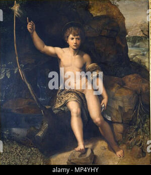 . English: 'St John the Baptist in the Wilderness' in Bologna's Pinacoteca Nazionale is traditionally seen as a copy or a variant of the Uffizi (inv. 1446) painting by Raphael. 16th century. circle of Raphael 1084 Saint John in the Desert - Bologna Pinacoteca Nazionale (Raphael) Stock Photo