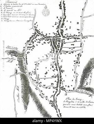 . English: Plan of the town of Croydon drawn by Jean-Baptiste Say (1767–1832) in 1785. Marked locations include: A - house of Alexander Bisset where Say and his brother stayed; B - parish church; C - market; D - cornmarket; E - Fairfield; F & G unnamed roads; H - pond; I - turnpike gate. Location of original: Croydon Archives AR 47/1. 1785. Jean-Baptiste Say (1767–1832) 1098 Say map