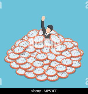 Flat 3d isometric businessmen sinking in the pile of clocks. Business time management concept. Stock Vector