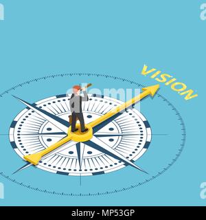Flat 3d isometric businessman with spyglass telescope on compass that point to vision word. Business vision concept. Stock Vector