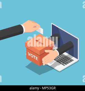 Flat 3d isometric businessman hand putting voting paper into ballot box that come out from laptop monitor. Online voting and election concept. Stock Vector
