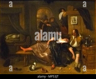 The Drunken Couple, Jan Steen, 1655, Dutch painting, oil on panel. A ...