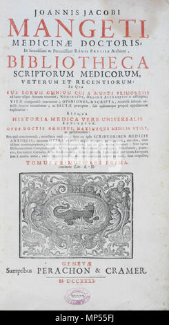 English: Title page of Joannis Jacobi Mangeti, medicinae doctoris, et serenissimi ac potentissimi regis Prussiae archiatri, Bibliotheca scriptorum medicorum, veterum et recentiorum : in qua sub eorum omnium qui a mundi primordiis ad hunc usque annum vixerunt, nominibus, ordine alphabetico adscriptis, vitae compendiô enarrantur, opiniones, & scripta, modestâ subinde adjectâ [epikrisei] recensentur, ac sectae praecipuae, sub quârumque propriâ appellatione explicantur : sicque historia medica vere universalis exhibetur : opus doctis omnibus, maximeque medicis utile, ac perjucundum : pro quô conci Stock Photo