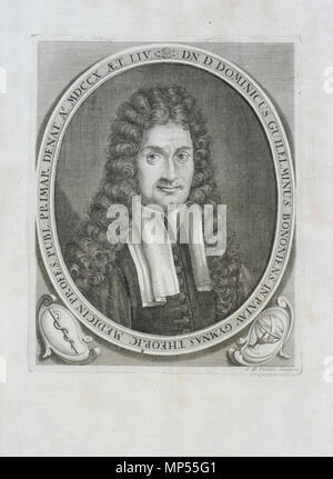 English: Illustration, Portrait of Dominicus Guilelminus Bononiens. From: Joannis Jacobi Mangeti, medicinae doctoris, et serenissimi ac potentissimi regis Prussiae archiatri, Bibliotheca scriptorum medicorum, veterum et recentiorum : in qua sub eorum omnium qui a mundi primordiis ad hunc usque annum vixerunt, nominibus, ordine alphabetico adscriptis, vitae compendiô enarrantur, opiniones, & scripta, modestâ subinde adjectâ [epikrisei] recensentur, ac sectae praecipuae, sub quârumque propriâ appellatione explicantur : sicque historia medica vere universalis exhibetur : opus doctis omnibus, maxi Stock Photo