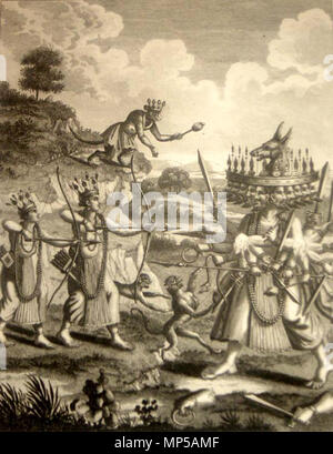 . English: 'The Bamun Avatar, representing the magnificent Bali Orbelus giving away the arrogated Empire of the World, to the disguised Vishnu,' a copper engraving, 1790's, probably based on Valentijn 1726 Source: ebay, Dec. 2005 More copper engravings from the same series, apparently from an English translation of Valentijn's Dutch work 'Zaaken van den Godsdienst,' 1726: The Matsya avatar, or first incarnation of Veeshnu in the form of a fish to recover sacred books lost during the deluge* The Vara avatar or second incarnation of Veeshnu in the form of a boar to support upon his tusks the Ear Stock Photo