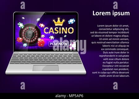 Internet casino marketing template with laptop, dice, poker, roulette wheel and casino chips. Web poker and gambling game banner. Vector illustration Stock Vector